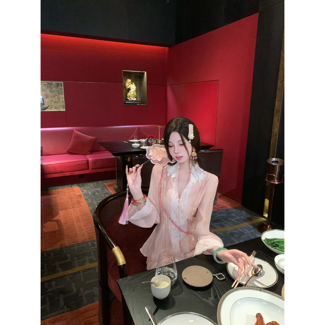 【雅乔定制】杨妃香梦 高级天丝贡缎粉色蕾丝花边衬衣DYTH-25063905