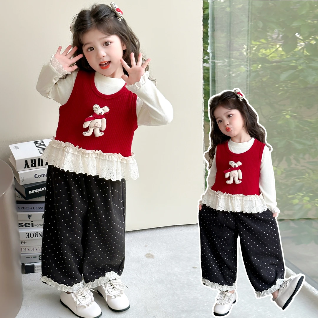 女童韩系套装洋气甜美儿童马甲T恤阔腿裤三件套小女孩宝宝春秋装