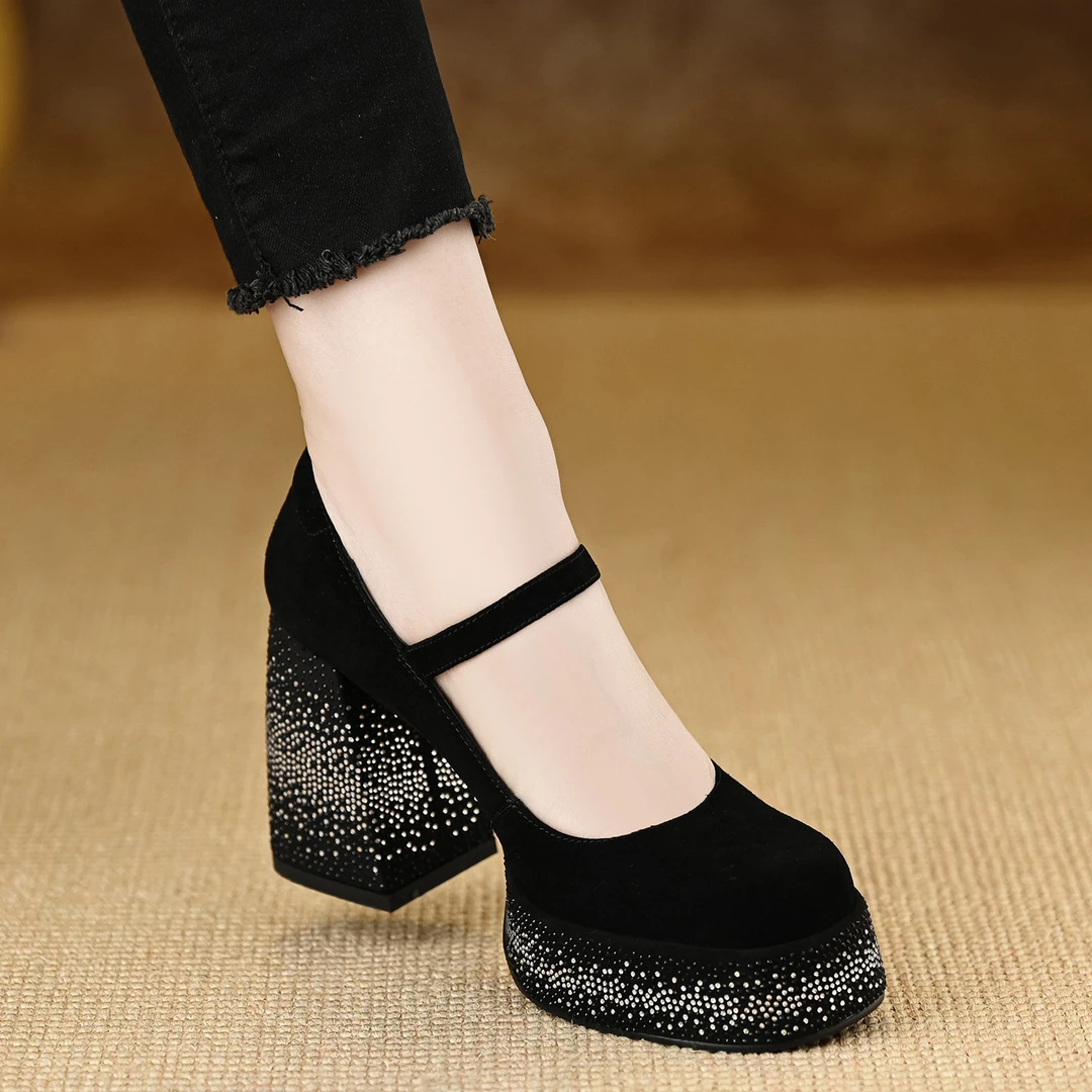 时尚满天星水钻厚底浅口单鞋女9.5cm粗跟圆头玛丽珍鞋磨砂高跟鞋