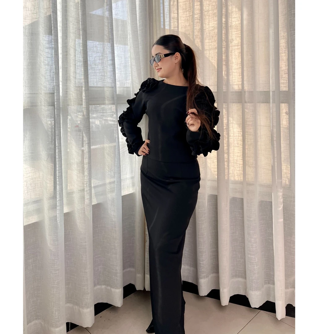 2025时尚气质黑色两件套修身长款女士上衣裙子