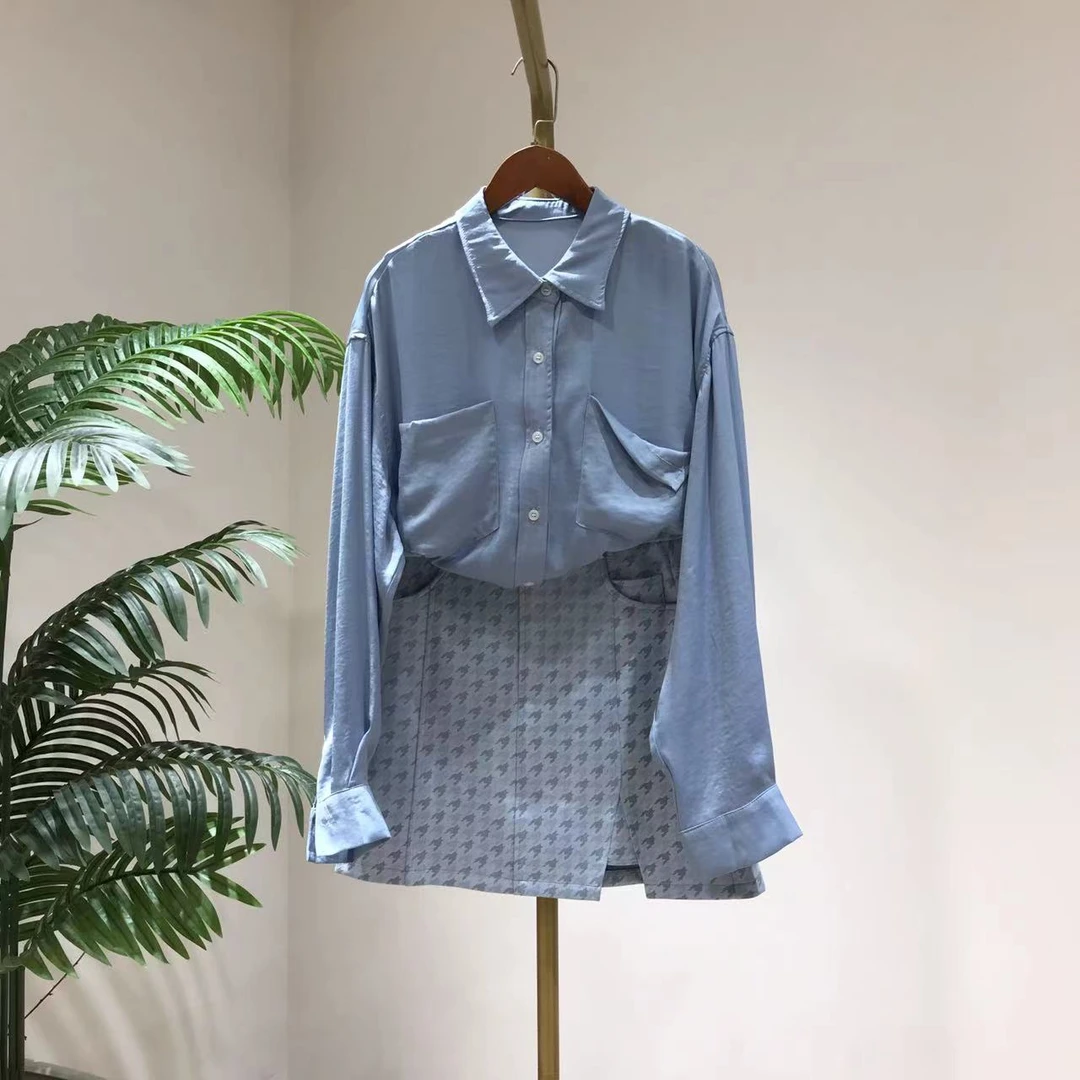 B2652夏新款韩版时尚套装女衬衫上衣高腰显瘦半身短裙两件套