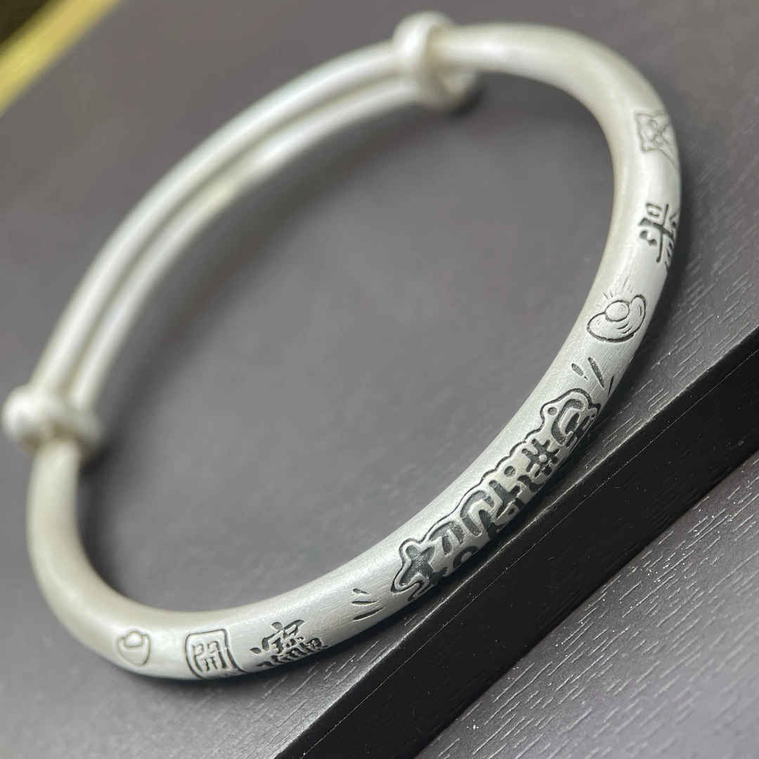足银手镯 22号足银999.9复古哑光古法吉言推拉可调节送礼物约25克