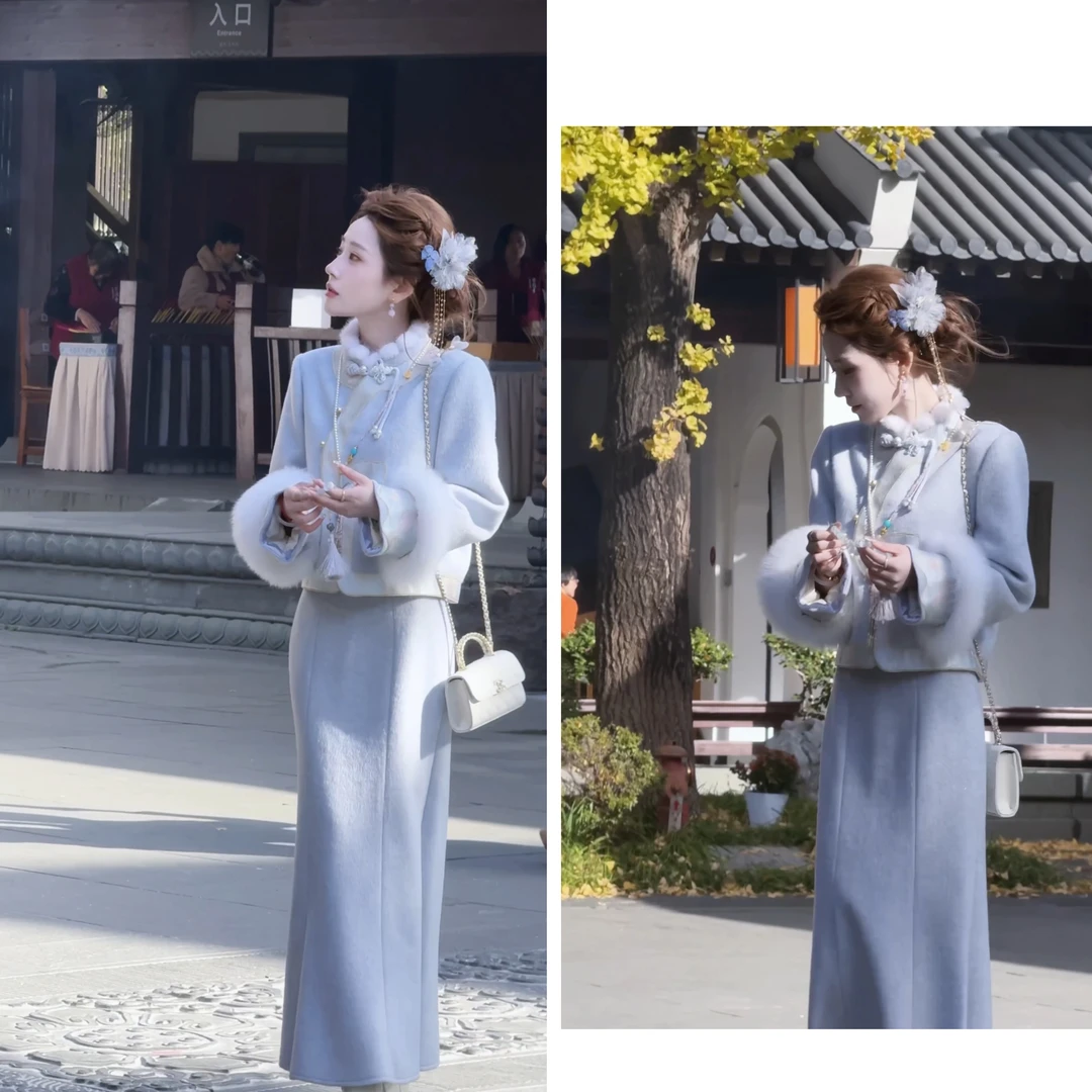 【婷婷】《你是人间理想》 特别蓝紫色水貂割条羽绒套装TT2SDTY2708