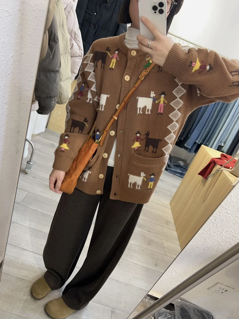 设计师原创！森系文艺范趣味提花宽松针织开衫外套9646