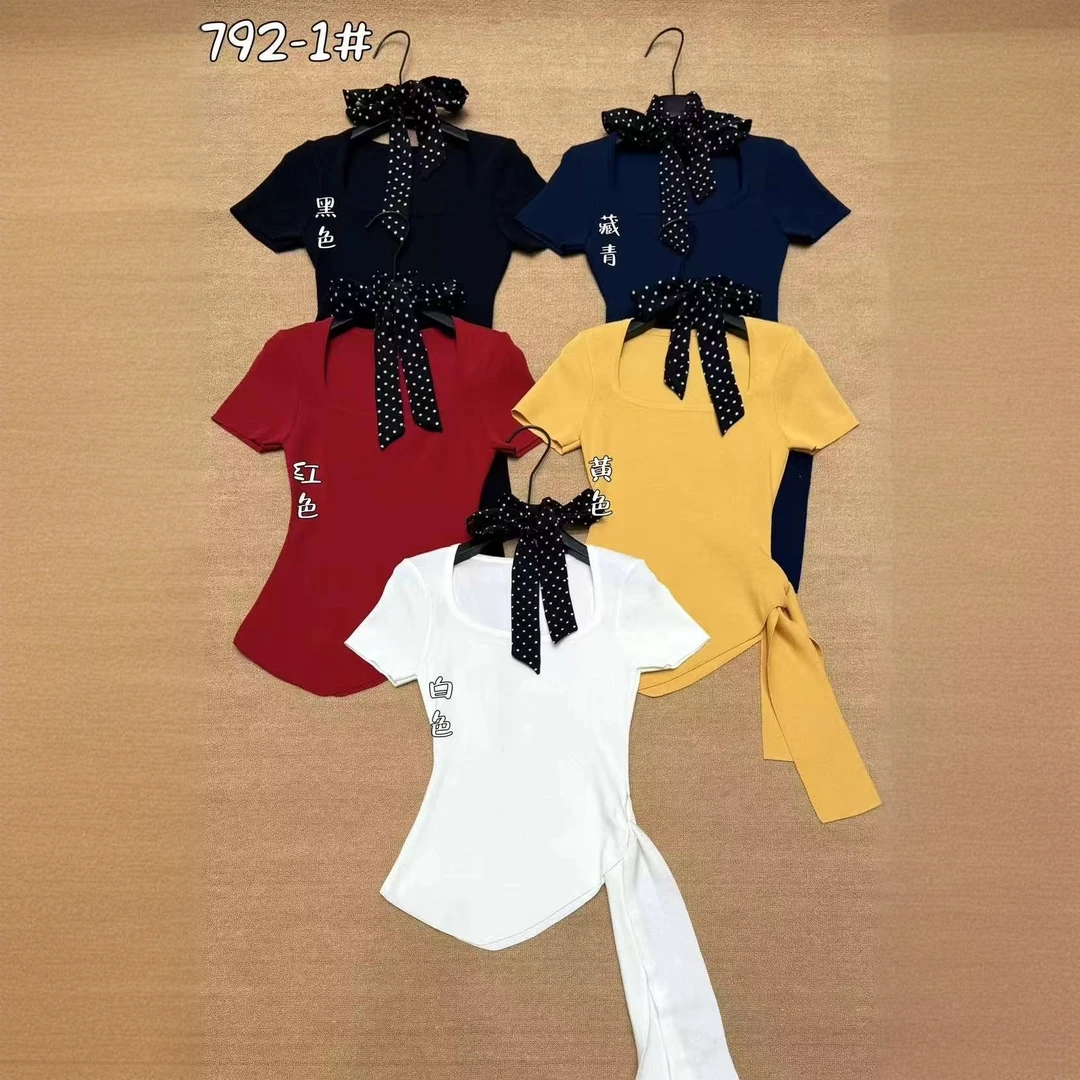 【现货】2025新款法式方领短袖针织T恤女夏季显瘦纯欲收腰绑带上衣