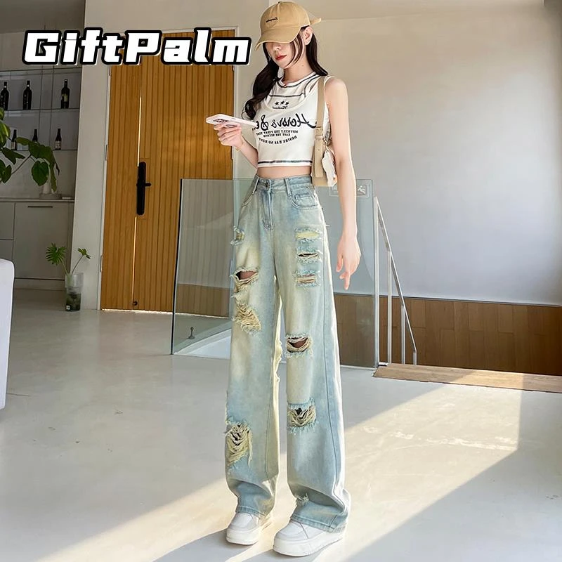 GiftPalm超火破洞牛仔裤女设计感梨型微胖显瘦高腰垂感窄版阔腿裤