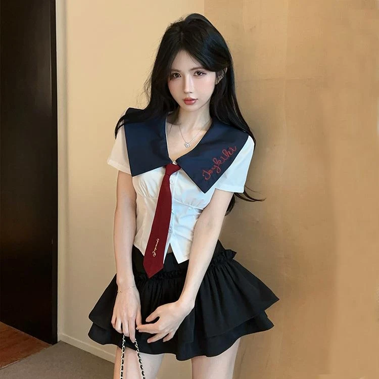 韩系甜辣学院风jk制服小个子女套装短袖上衣高腰蛋糕裤裙子显瘦