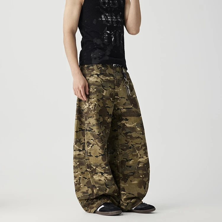 美式复古弯刀设计牛仔裤男女宽松阔腿直筒cleanfit拖地裤-5053