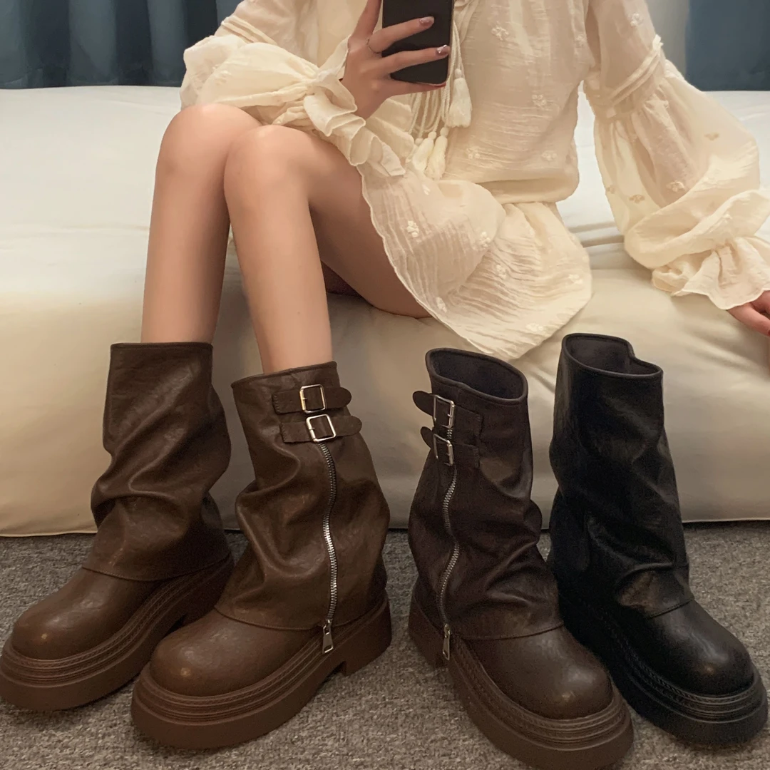 贾不假短靴2025秋季新款英伦百搭洋气美拉德风舒适厚底显高时装靴