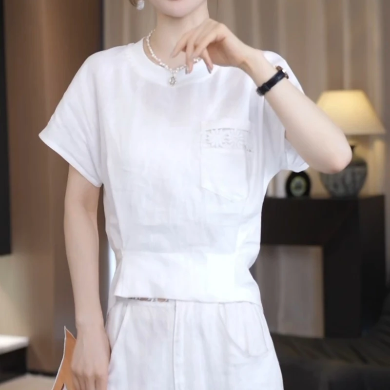 2025新款时尚简约纯色洋气百搭镂空收腰显瘦短袖上衣LK2503126