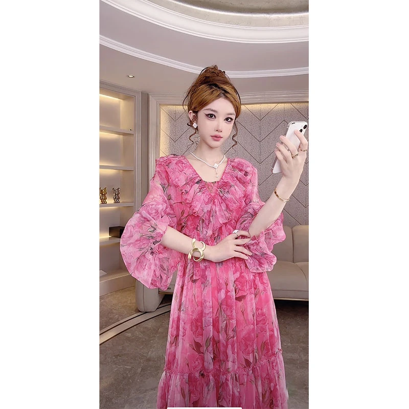 夏季法式高级百搭蝙蝠袖飘逸宽松显瘦气质印花连衣裙