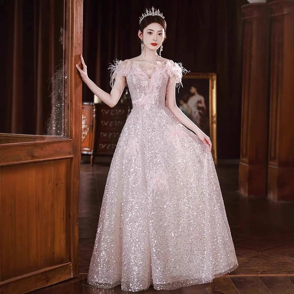 【3天内发货】一字肩晚礼服裙高端轻奢小众主持人年会亮片气质名媛