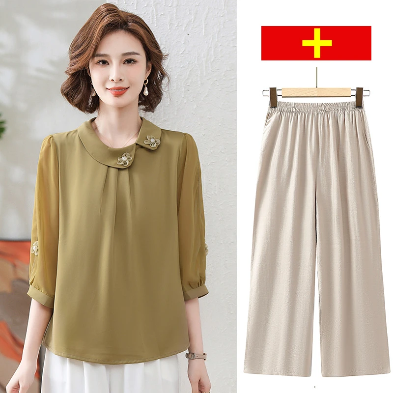 年轻妈妈春夏薄中袖T恤中年女套装洋气雪纺上衣中老年小衫两件套