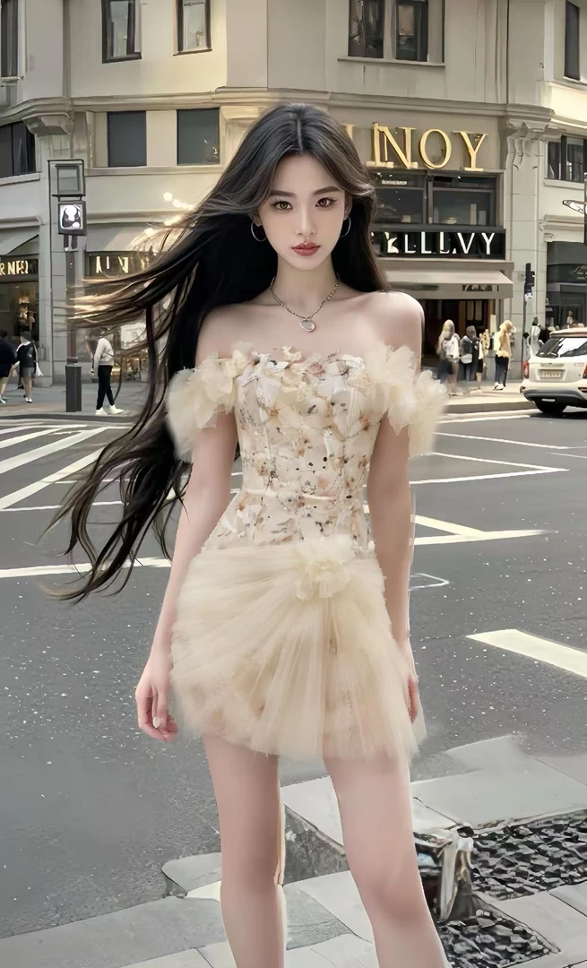 别致设计感杏色一字肩抹胸收腰包臀网纱连衣裙女时尚气质高级显瘦