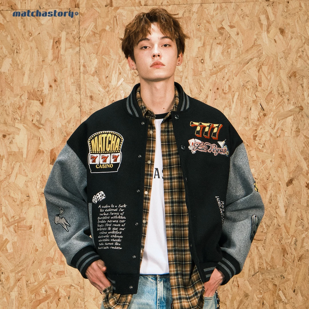 抹茶故事2025美式复古重工刺绣呢料棒球服夹克M58862106