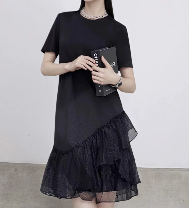 二哥二嫂【网纱拼接连衣裙】夏季法式赫本气质显瘦网纱拼接连衣裙