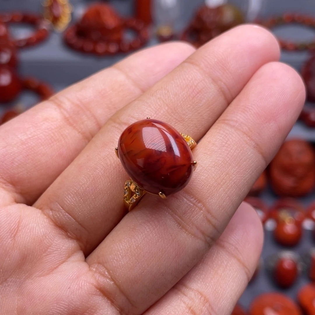 南红玛瑙银S925镶嵌珠宝奇石戒指