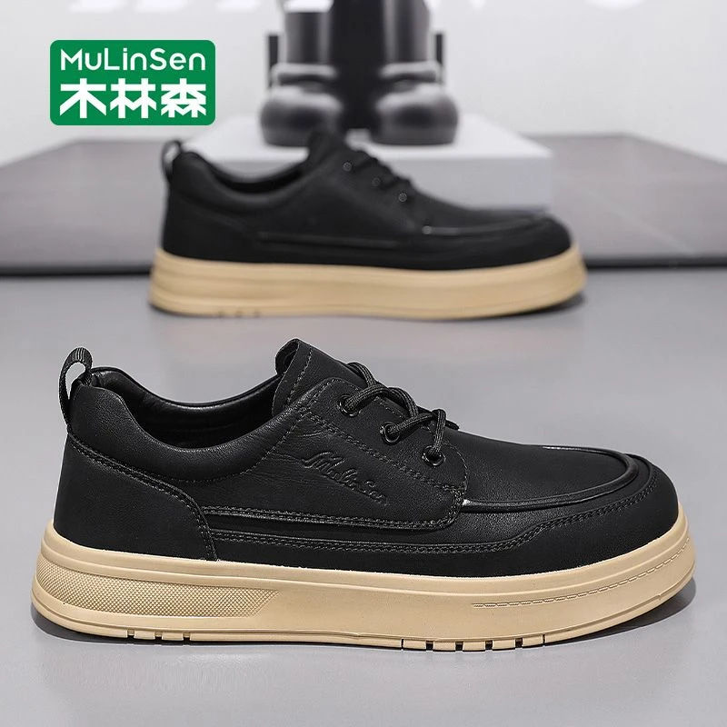 木林森英伦休闲皮鞋春秋2025新款黑色工作板鞋商务男鞋结婚新郎鞋