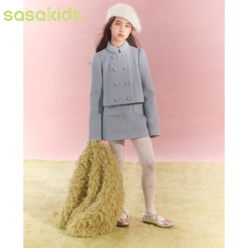 sasakids【小清新蓝调套装】内里绒绗棉 舒适锁温 外套+半裙