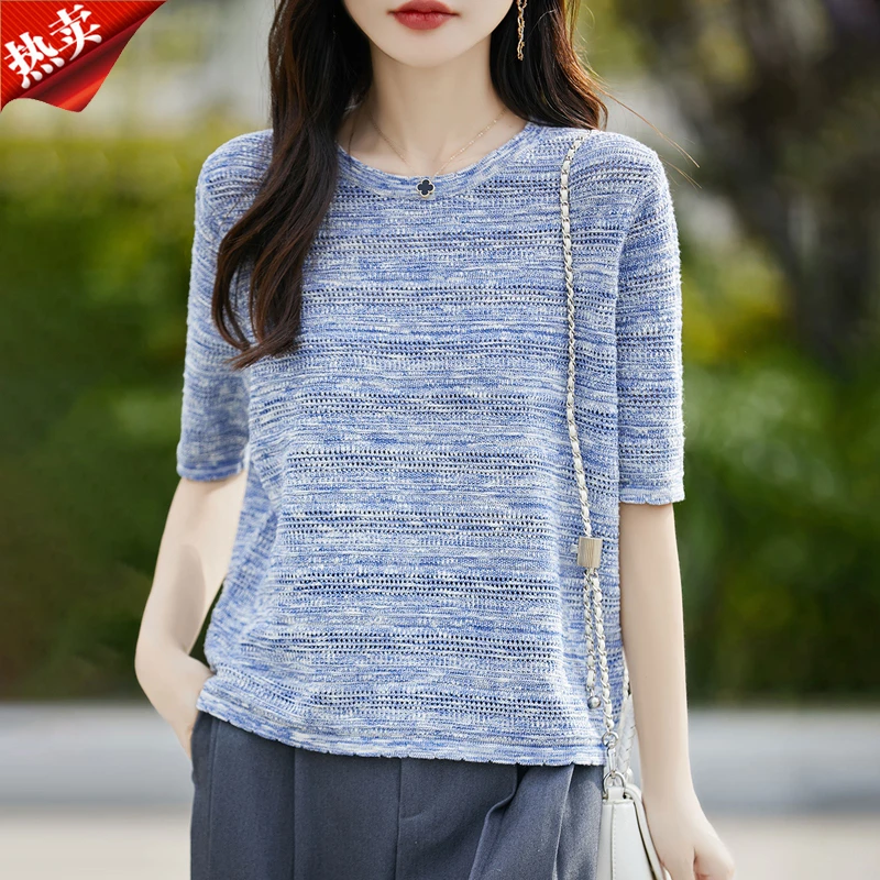 时尚品牌夏季慵懒风圆领套头百搭气质显瘦天丝短袖针织衫T恤上衣