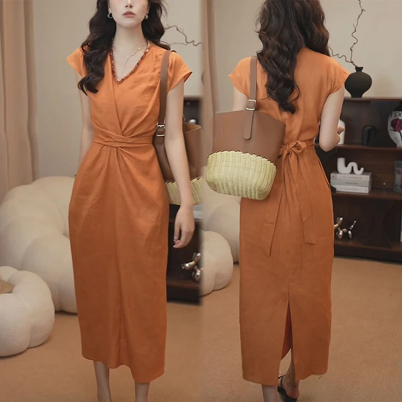 优雅高级感修身遮肚气质休闲裙夏季款拼接时尚遮肉系带显瘦连衣裙