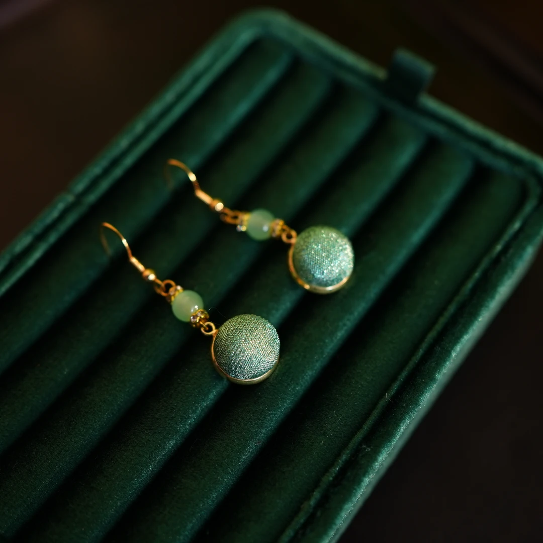 非金属布艺耳饰 【长款薄荷色缂丝织金耳饰】非遗手工缂丝工艺