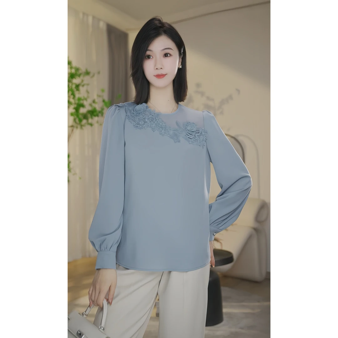 【小北甄选】曼贝8593028B灰蓝色新款衬衫女设计感小众气质宽松洋气