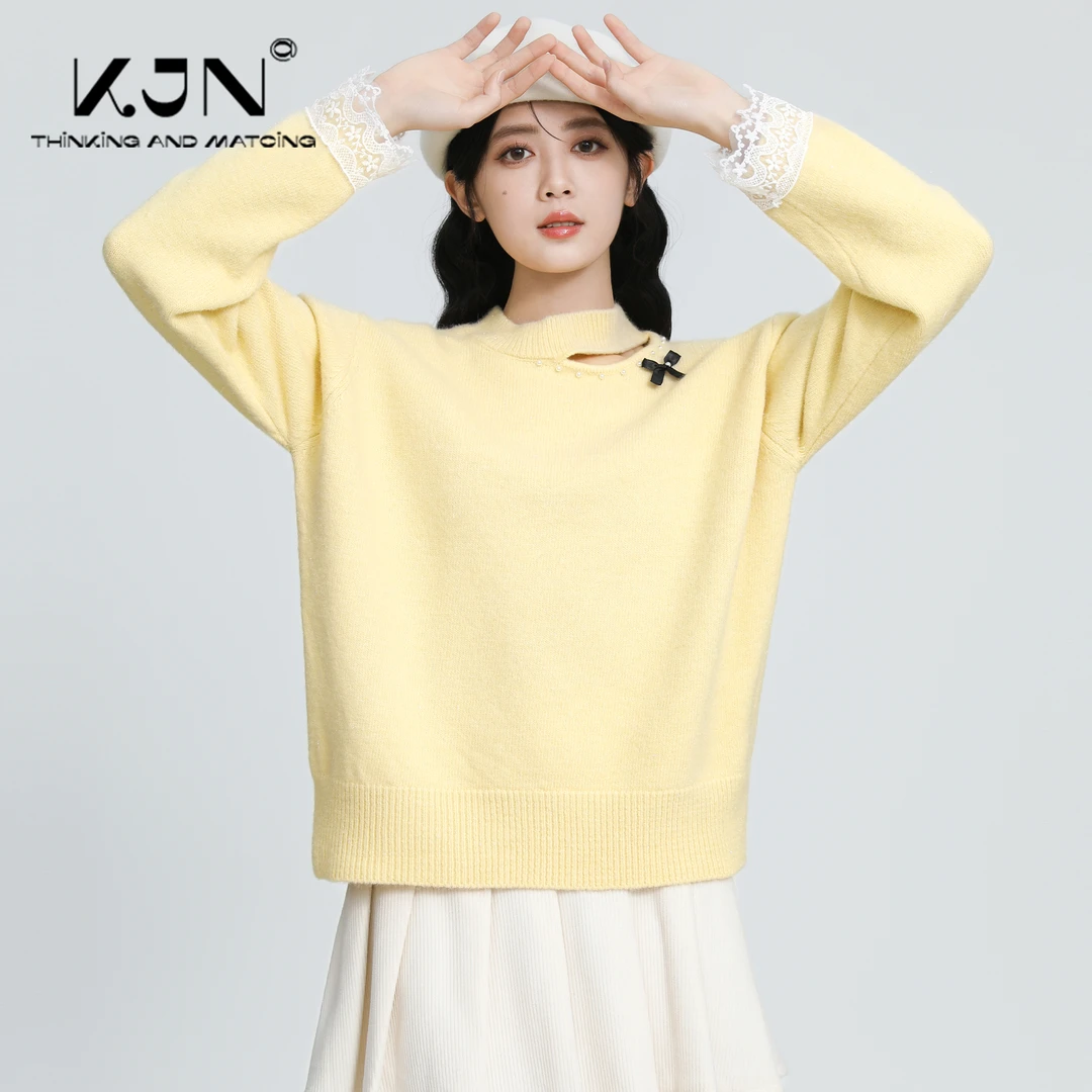 黄色圆领毛衣女2024秋冬新款镂空蕾丝边设计感套头内搭针织衫上衣