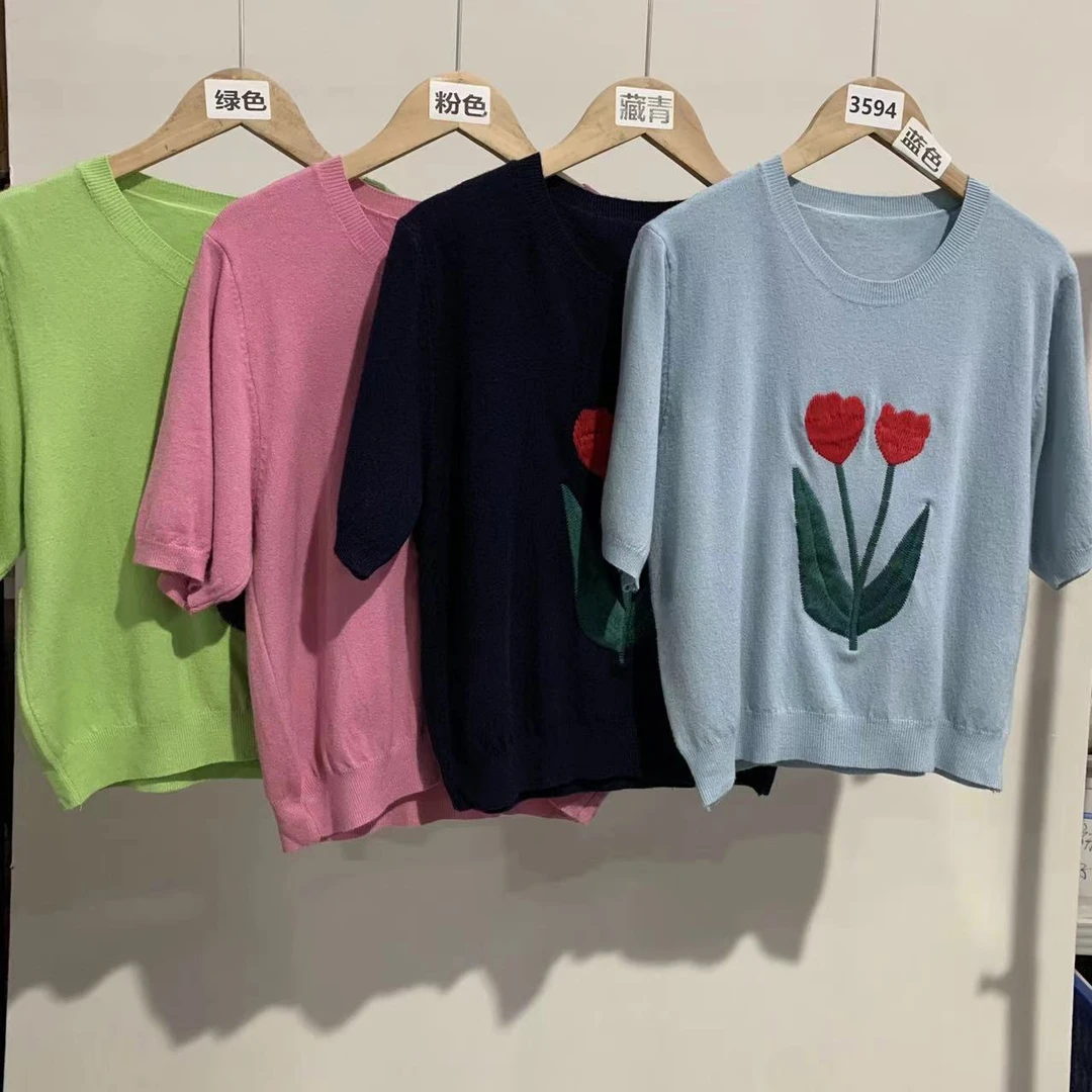 3594号圆领刺绣郁金香文艺范针织短袖