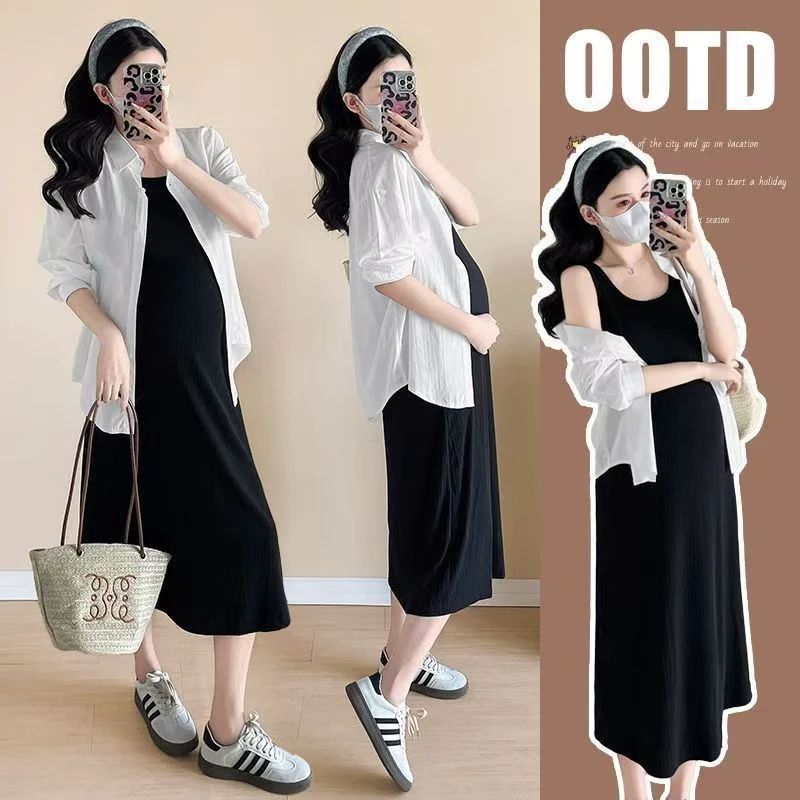 孕妇夏季时尚防晒吊带裙显瘦遮肚子宽松冰凉高贵孕妈套装夏季