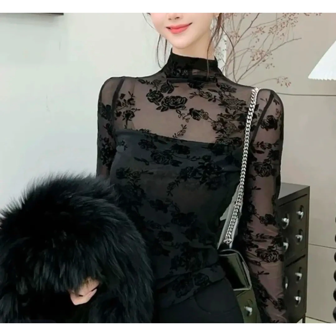 欧货半高领碎花蕾丝衫女2024秋冬性感微透长袖打底衫内搭上衣