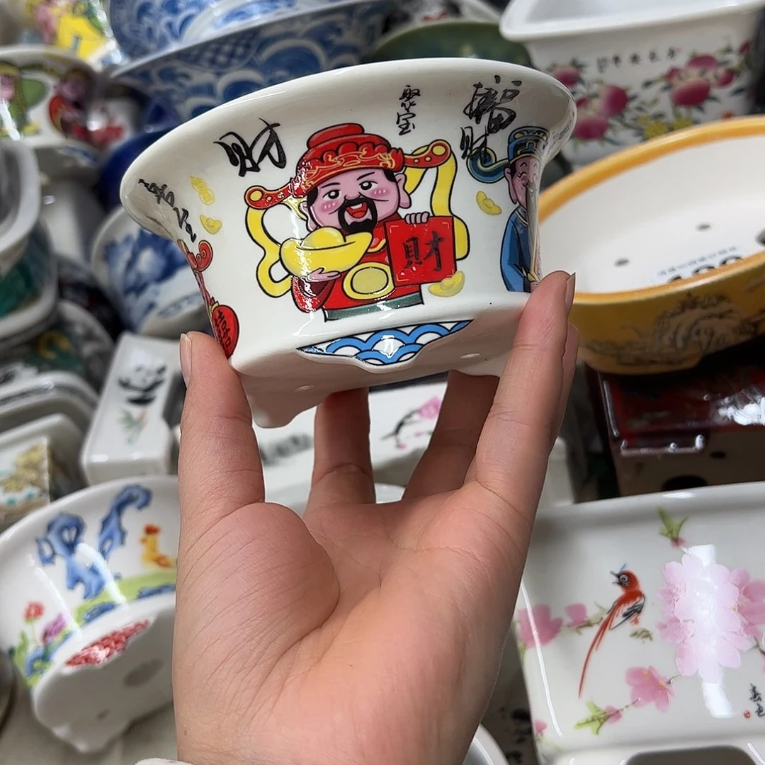 花盆紫砂025号瑕疵13/6.5cm仿手绘财神盆