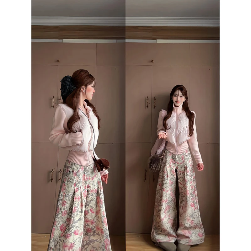 韩系粉色针织袖拼接立领棉衣冬季加厚保暖棉服外套女满印碎花裤子