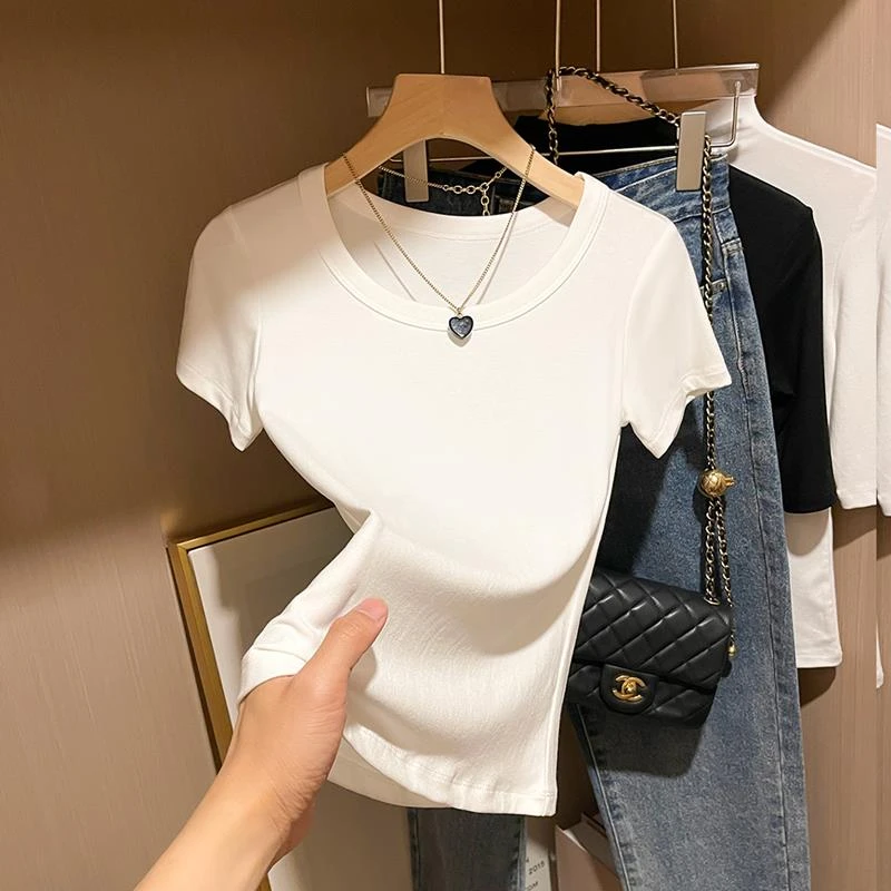 短袖T恤女白色夏季圆领螺纹修身韩系辣妹百搭绝美气质上衣打底衫