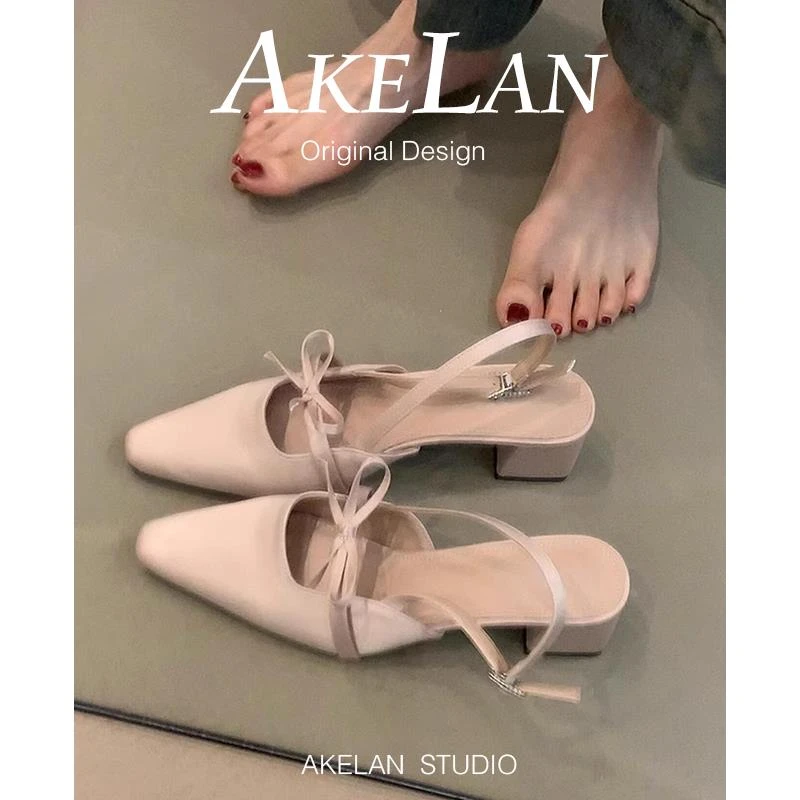 显气质~法式蝴蝶结包头凉鞋女2025新款方头一字带粗跟后空高跟鞋