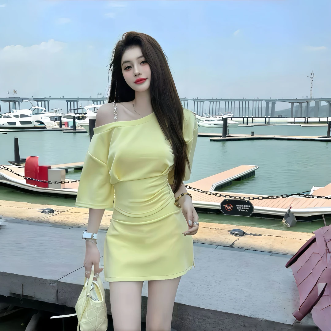 韩系短袖休闲包臀裙时尚收腰套装女2025夏季新款吊带性感短款套装