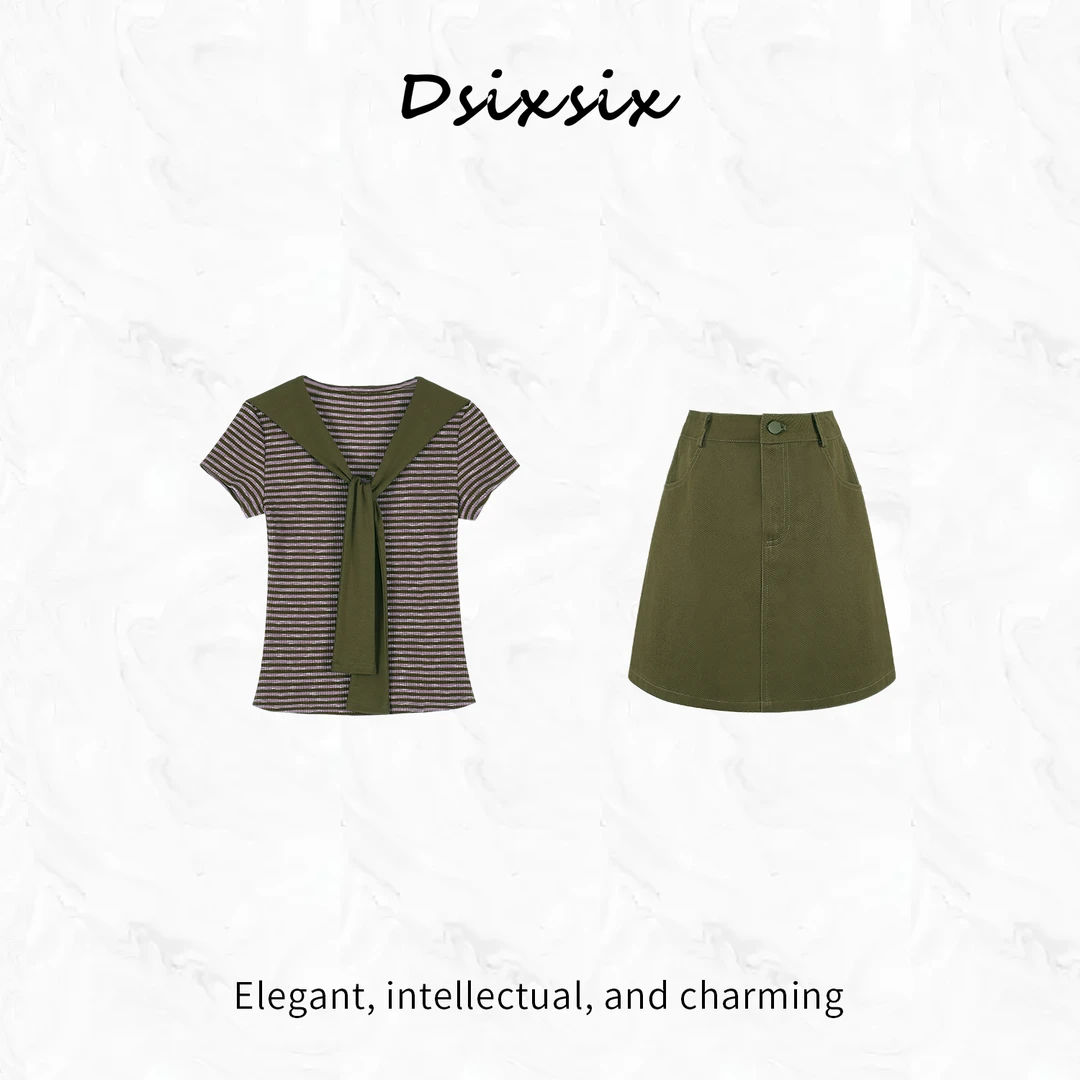 Yeah Me/也觅【雨后茶树】夏季新款学院风甜美气质百搭半身裙套装