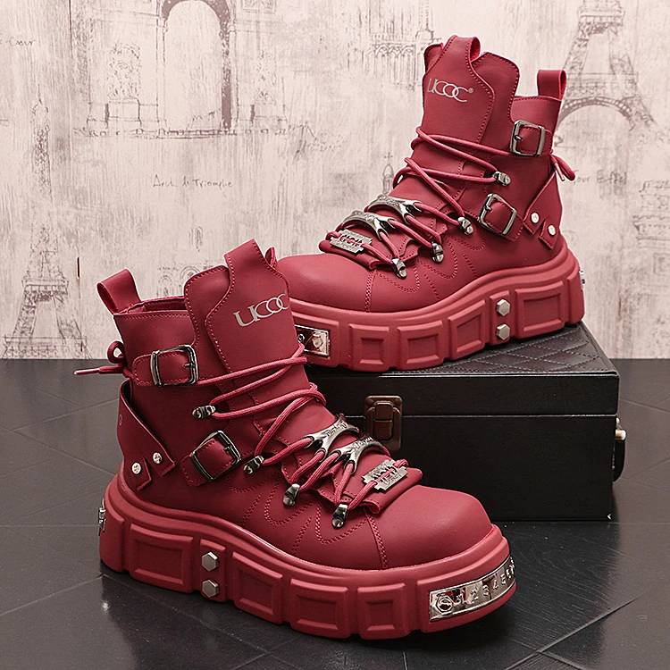 时尚靴子红色秋冬英伦风百搭男士厚底马丁靴增高休闲潮男百搭鞋子