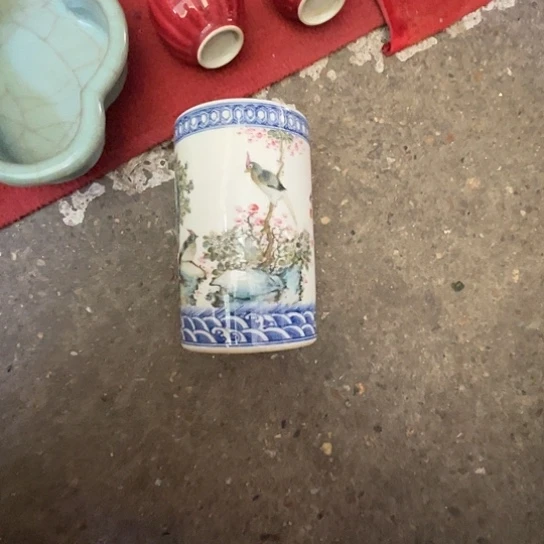 陶摆件纯手工手绘花鸟笔筒