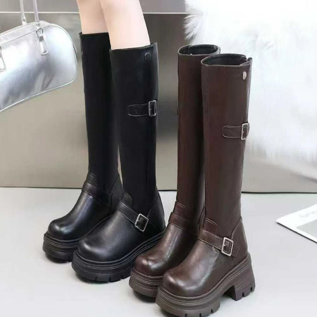 英伦加绒时尚骑士女鞋长筒美拉德风靴子时装靴女士