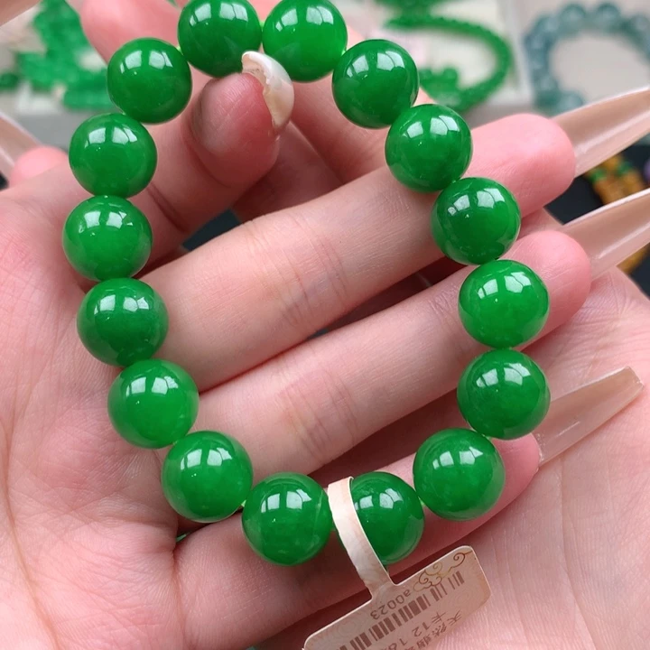 四***）缅料卡12浓阳绿手串