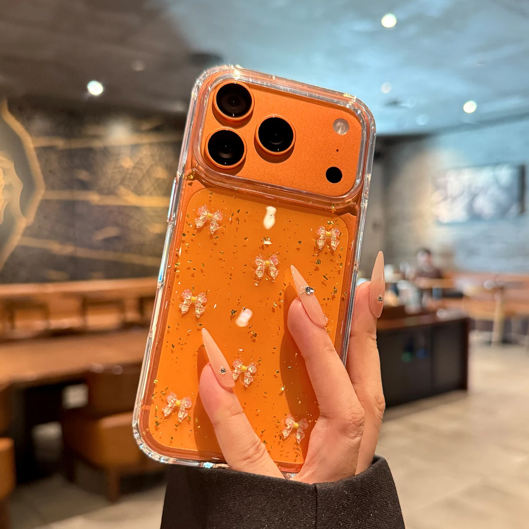 适用苹果17promax手机壳蝴蝶结金箔透明全包镜头防摔超薄硅胶女款