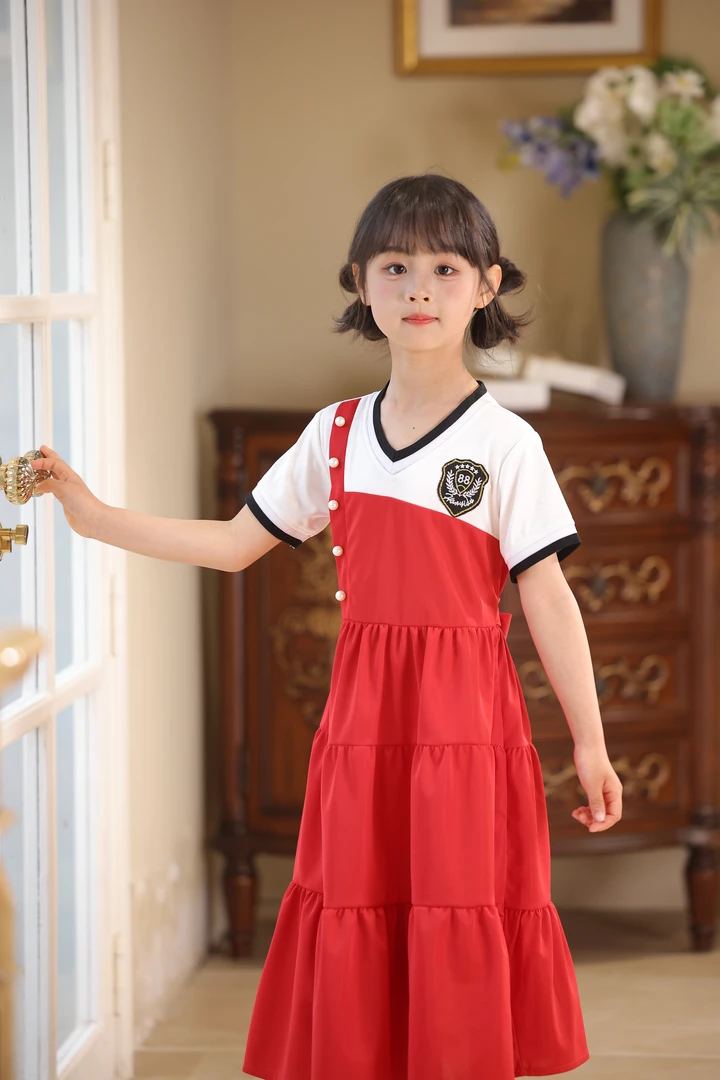 2025新款学院风夏季拼接童装纯色刺绣女童套装女其它连衣裙夏装