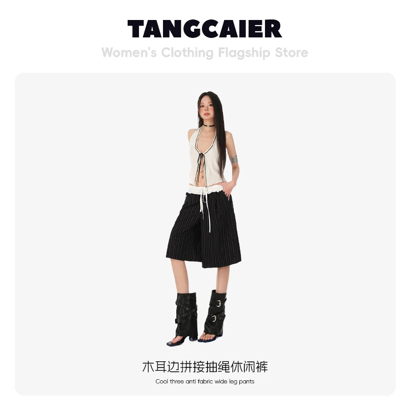 唐采儿新款木耳边拼接抽绳休闲裤女设计感薄款直筒阔腿五分裤子