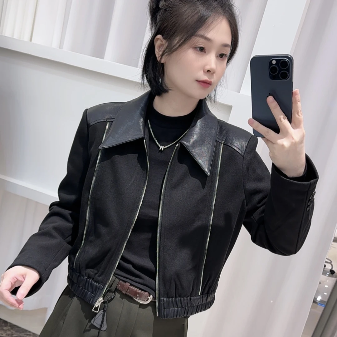 【221】秋冬新款PU拼接翻领皮夹克短外套皮衣长袖短款宽松型