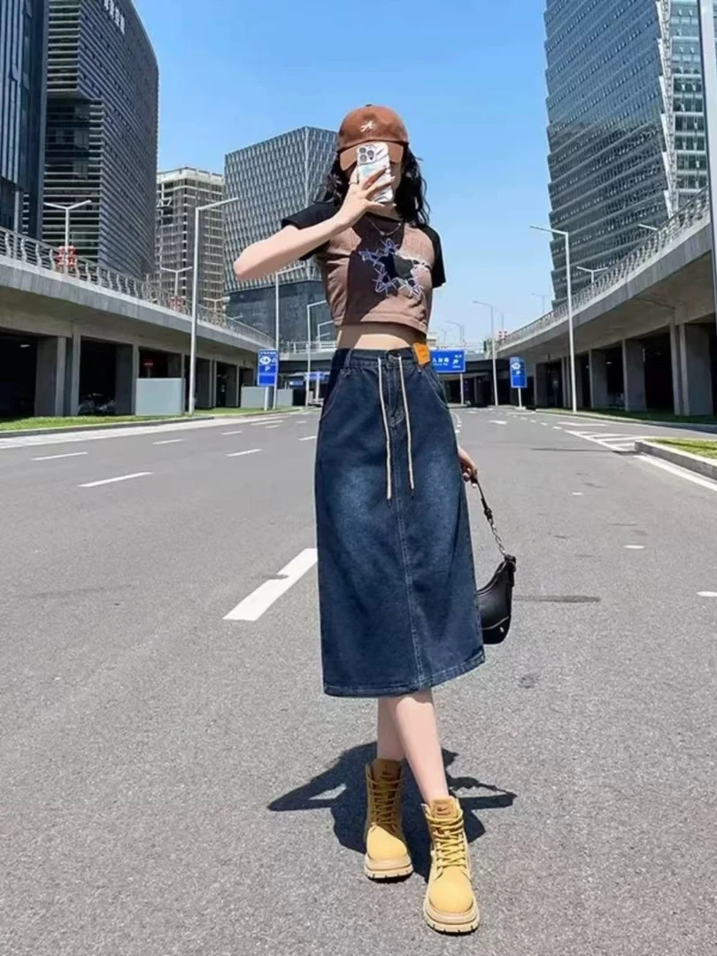 深蓝牛仔半身裙女夏2025中长款高腰显瘦a字裙