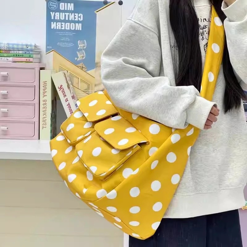 ZY新波点流浪包女大容量多口袋单肩包女式慵懒风托特包学生斜挎包