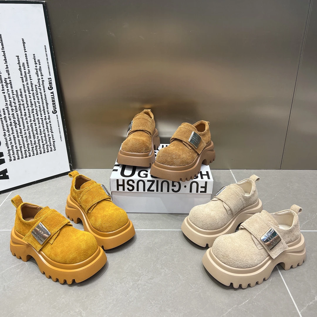 啄木鸟厚底松乐福鞋女2025新款磨砂圆头魔术贴休闲单鞋低帮小皮鞋