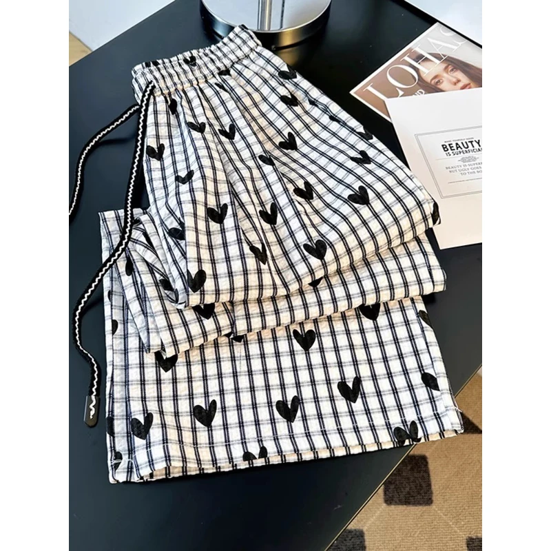 雪千羽黑白格泡泡棉爱心印花休闲裤女夏设计感高腰抽绳直筒遛弯裤