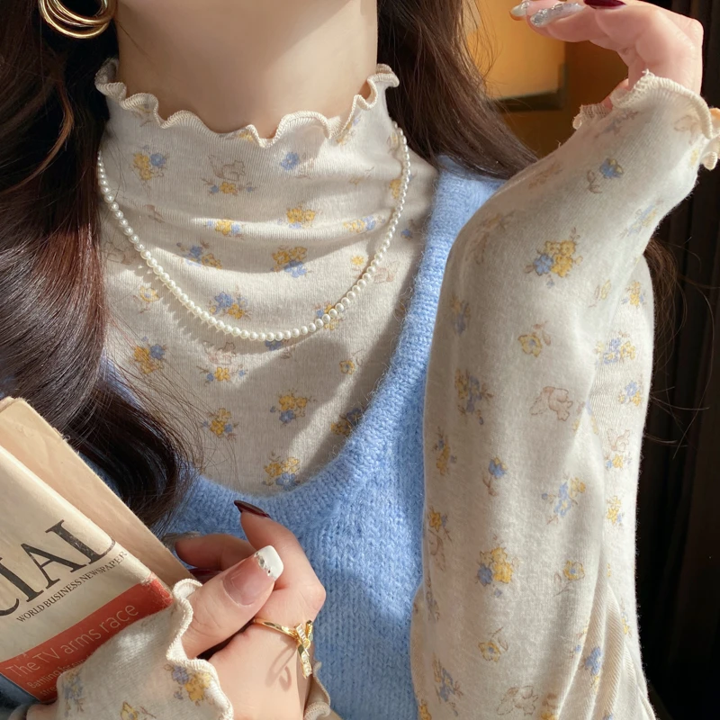 小碎花木耳边半高领打底衫女内搭2025秋冬季新款小个子高级感上衣